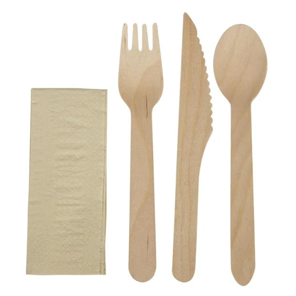 eGreen Individually Kraft Wrapped 4-in-1 Wooden Cutlery Set